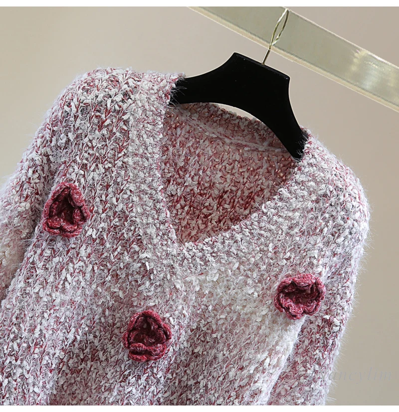 Heavy Industry Flower Mohair Knitted Sweater Woman Winter Korean Fashion High Waist Short V-Neck Long Sleeve Sweaters Ladies