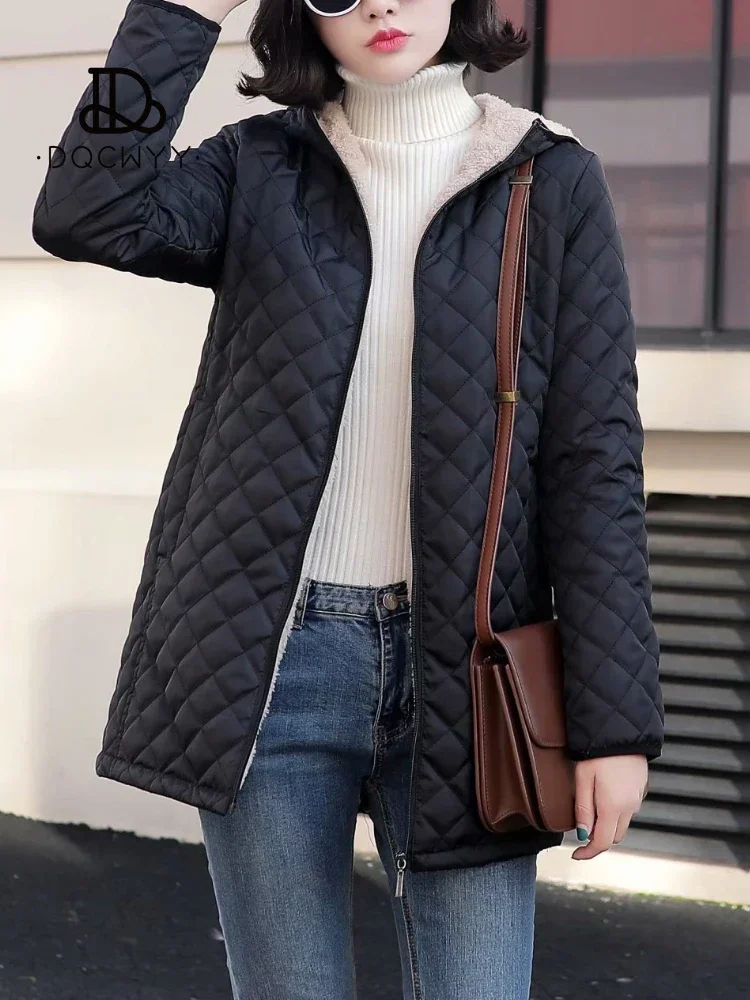 Women\'s Jacket Winter Hooded Warm Lamb Down Lining Parkets Mid Length Casual Jacket Cotton-padded Jacket Oversize Winter Coat