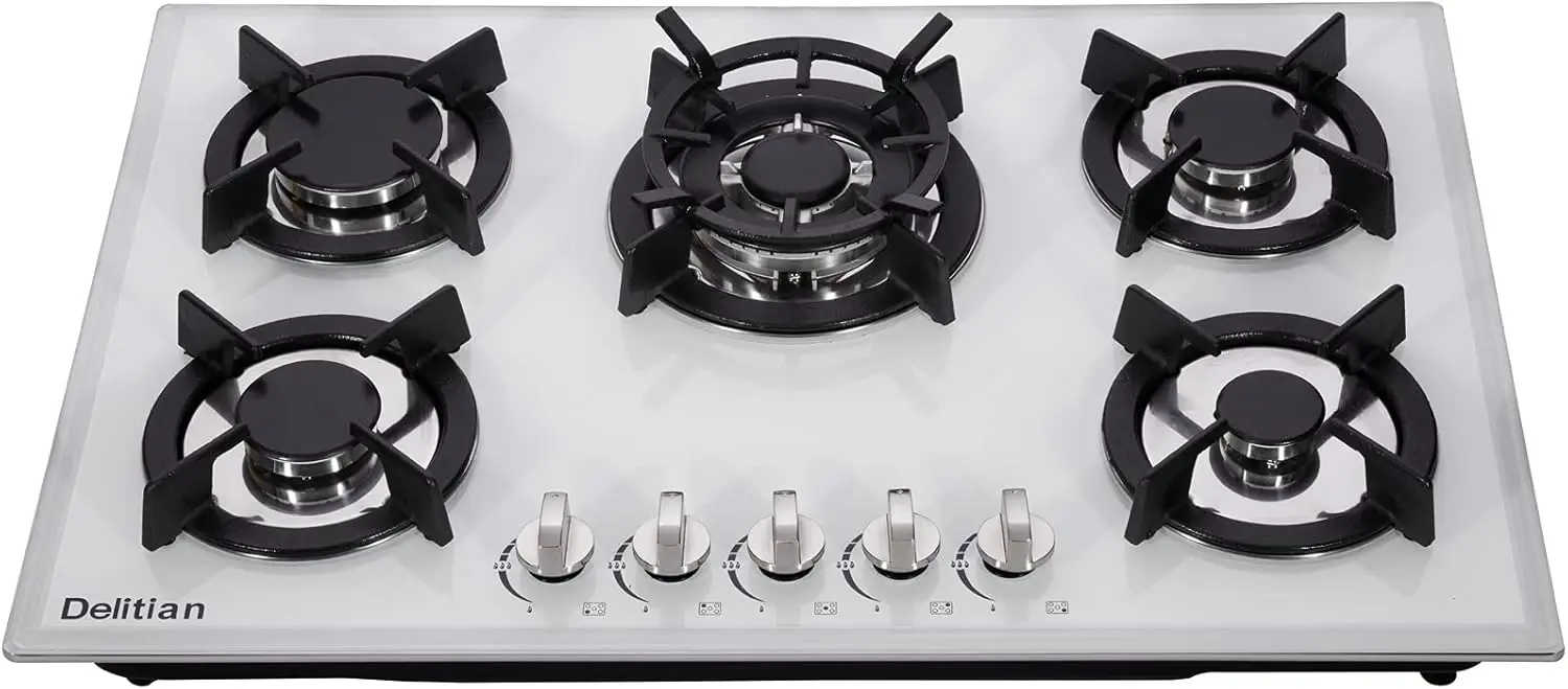 30 Inch Gas Cooktop DTW5701 White Tempered Glass Gas Stovetop, 5 Gas Burners LPG/NG Convertible Gas Stove