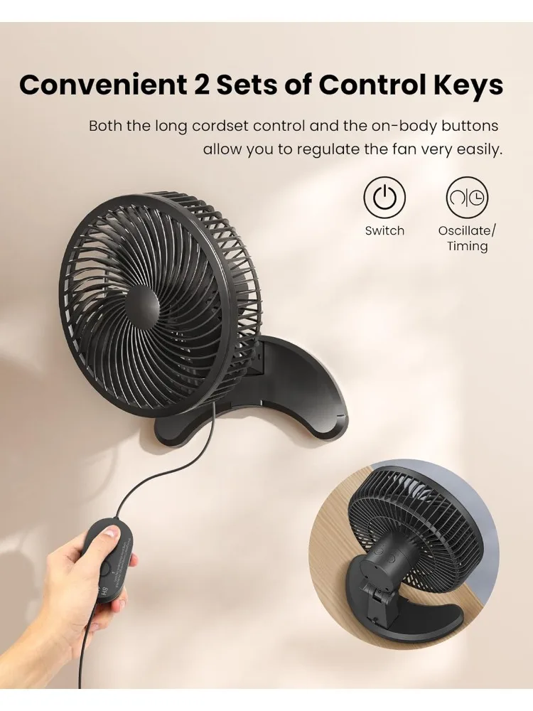 Ventilador de parede com temporizador, silencioso pequeno ventilador, 8 pol, 8.2ft com fio remoto, 80 ° oscilação, 100 ° ajustável, 3 velocidades de alta velocidade