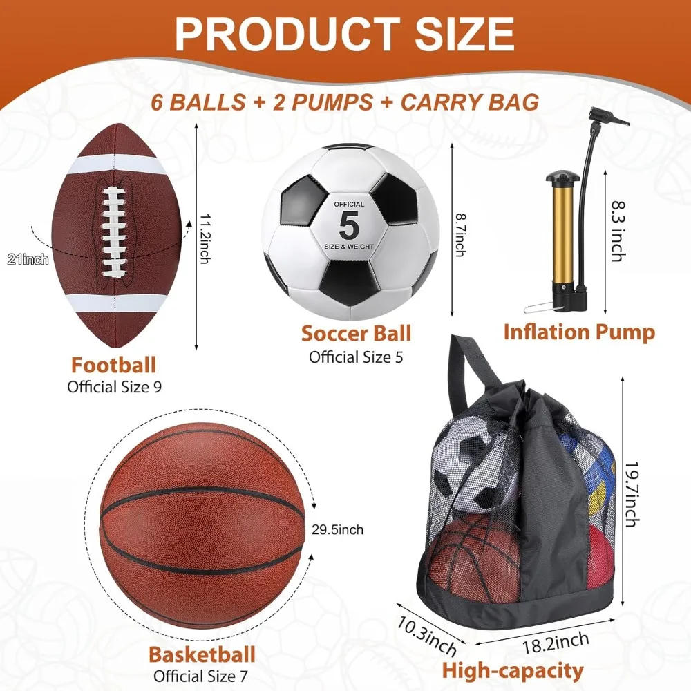 公式サイズのスポーツボールセット（ティーンエイジャーと大人向け）：6個入りのフットボール、サッカー、バスケットボール、ポンプとバッグ付き、ユーススポーツ用品