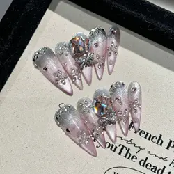Handmade Press on Nails Shiny Pink Cat Eye Fake Nails for Women Girl Wearable Glitter Full Crystal Design False Nail Tips