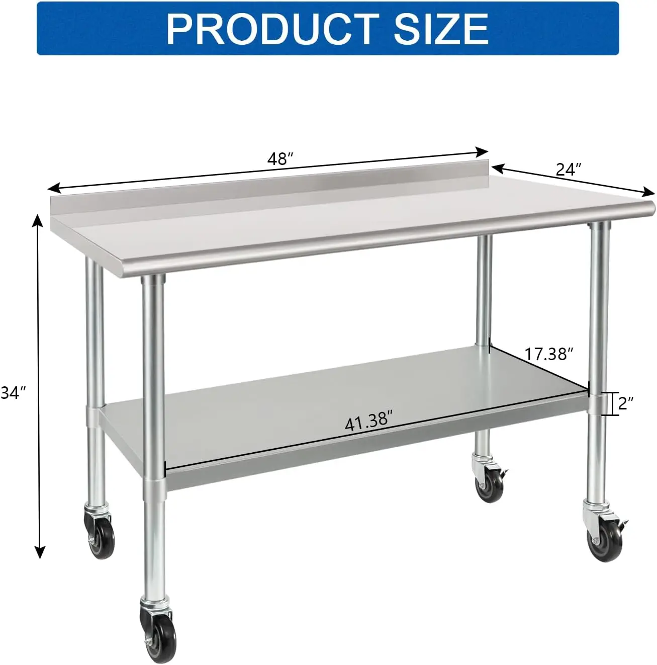 Stainless Steel Table 24 x 48 Inches with Wheels Casters NSF Heavy Duty Commercial Prep Table with 2” Backsplash and Adjustable