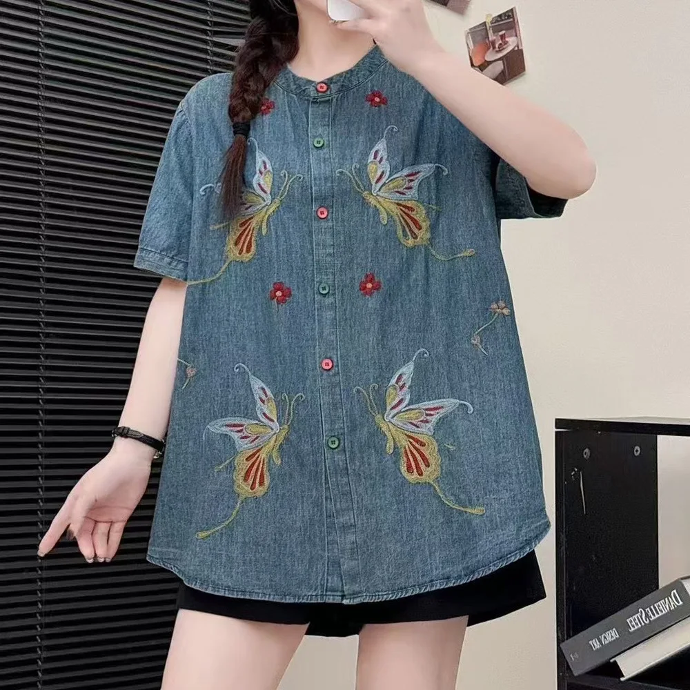 Vrouwen Vintage Mori Meisje Vlinder Borduren Denim Shirts Zomer Japan Stijl Stand Kraag Korte Mouw Casual Losse Jeans Blouse