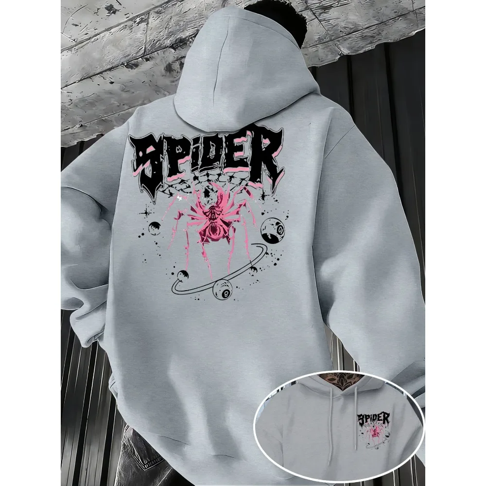 Punk Rock Spider Graphic Hoodie Gothic Font Space Planet 8 Ball Double Sided Print Loose Men Women Hoodie