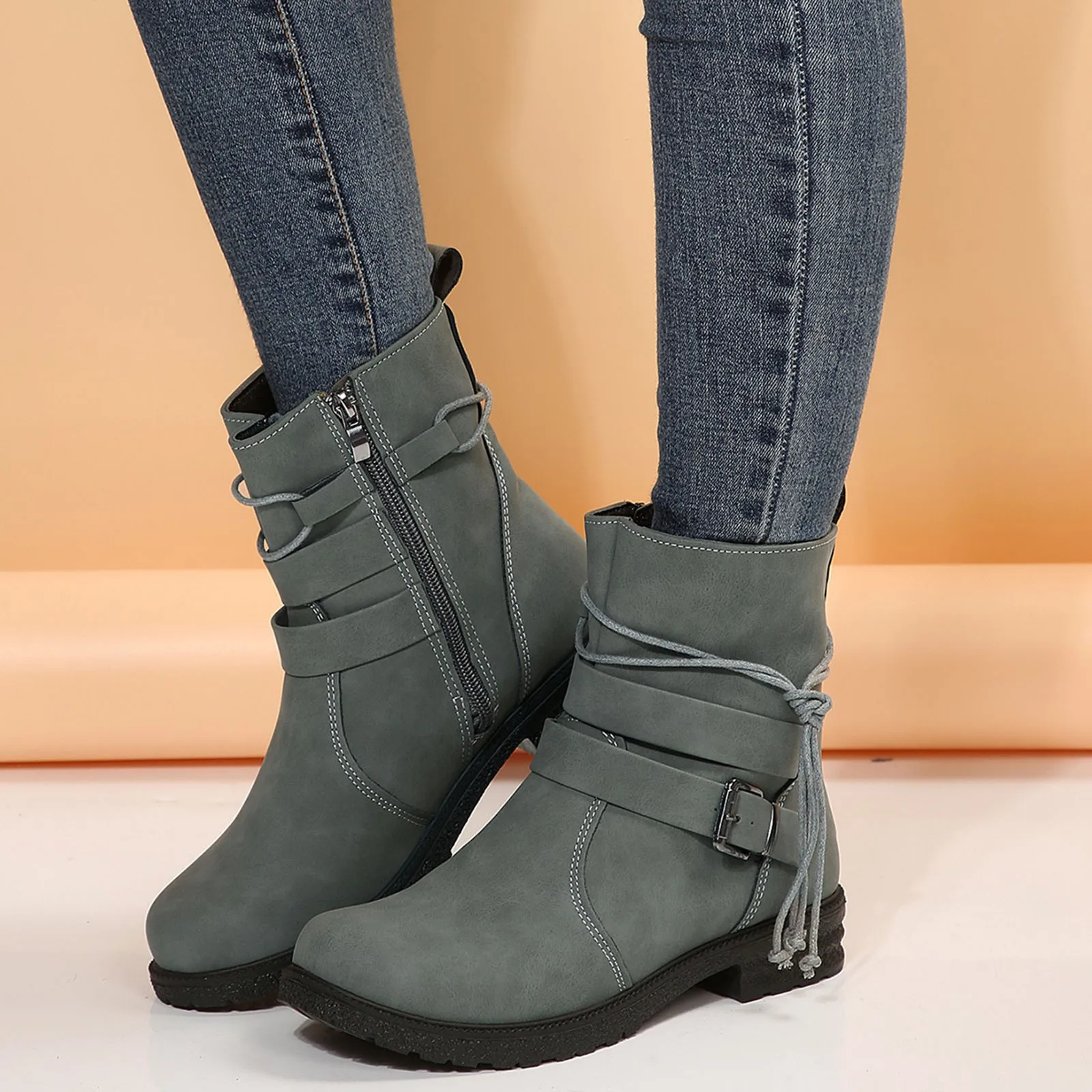 Buckle Belt Decor Zipper Side Faux Suede Combat Boots 2023 New Women Boots Large Size Fashion Casual Comfort Female Booties