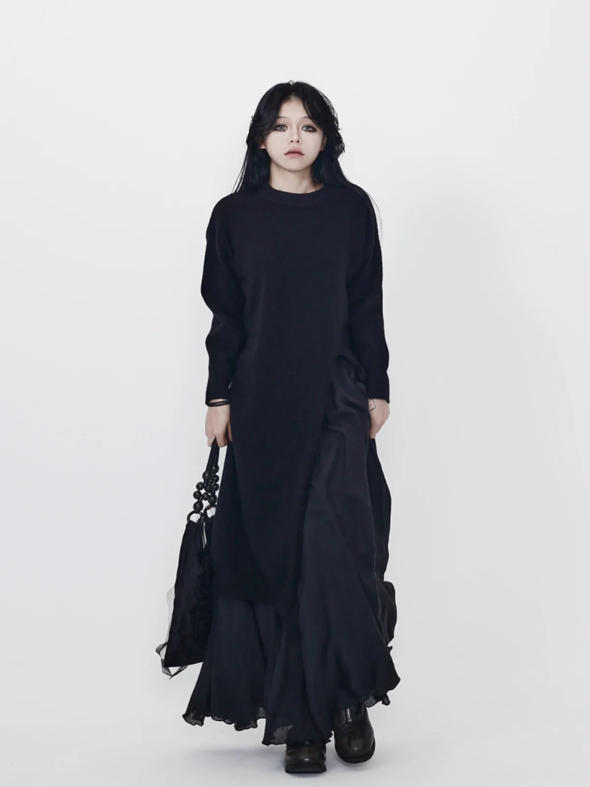 Slimming Mid-Length Sweater Dress Dark Simple Retro Slit Design New Arrival Warmth for Spring Autumn And Winter A-Line Dress