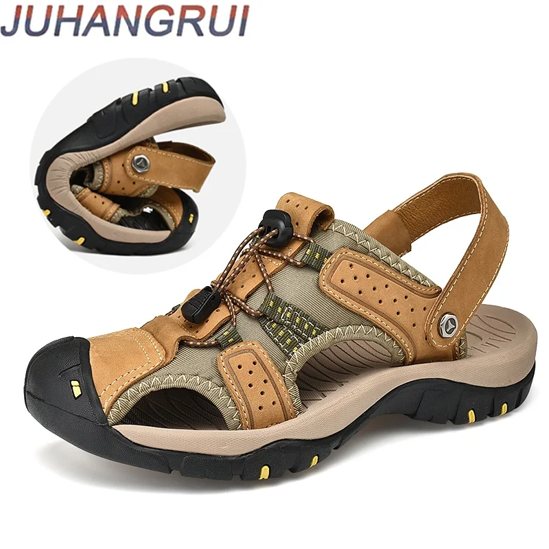 

Men Summer Sandals Leather Outdoor Beach Shoes Casual Shoes Fashion Big Size Slippers Anti-slip Rubber Sole Leisure Sandals