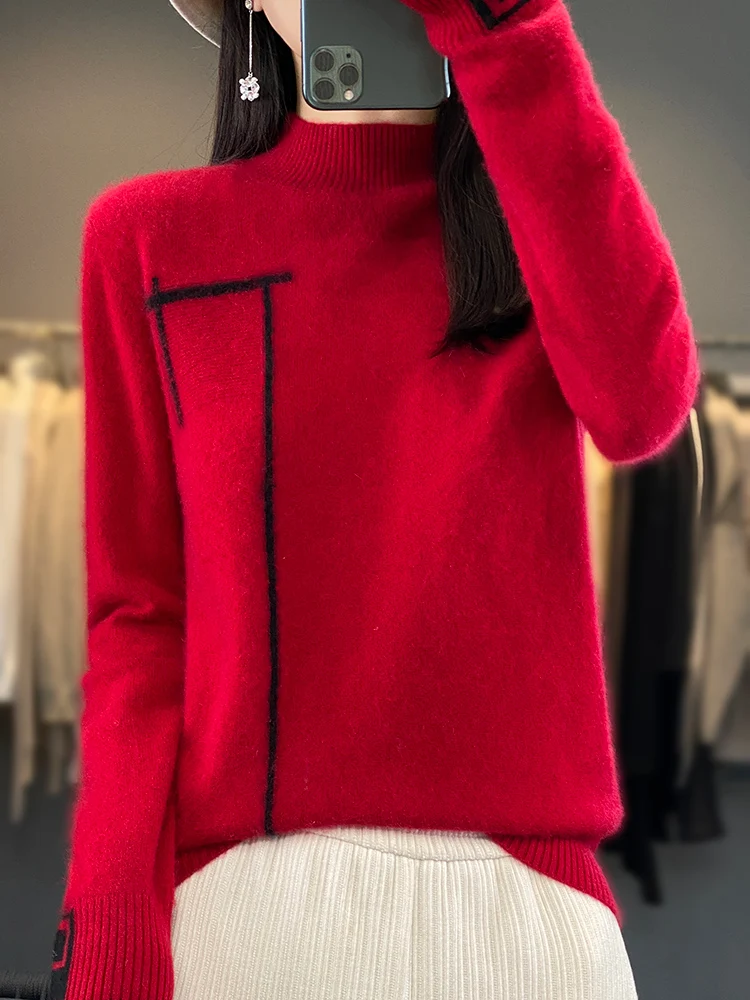 Autumn Winter Women's 100% Pure Merino Wool Sweater Mock-Neck Pullover Basis Casual Cashmere Female Elegant Clothing Tops