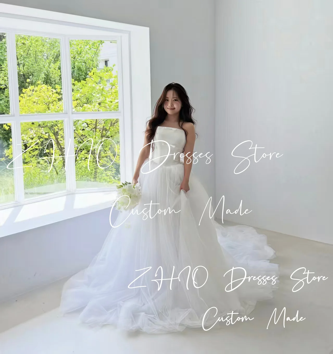 ZHIO Princess White Wedding Dress Strapless Bow Satin Fluffy Tulle Korea Photo Shoot Bridal Reception Gown Cutsom 웨딩드레스