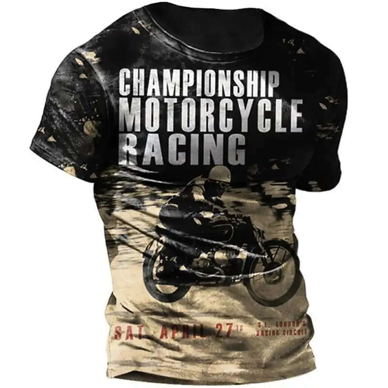 Classic Vintage Summer Motorcycle Men\'s T-shirt 3d Printed Sleeves Fashion Street Heavy Metal Punk Large Size Baggy O-neck Top