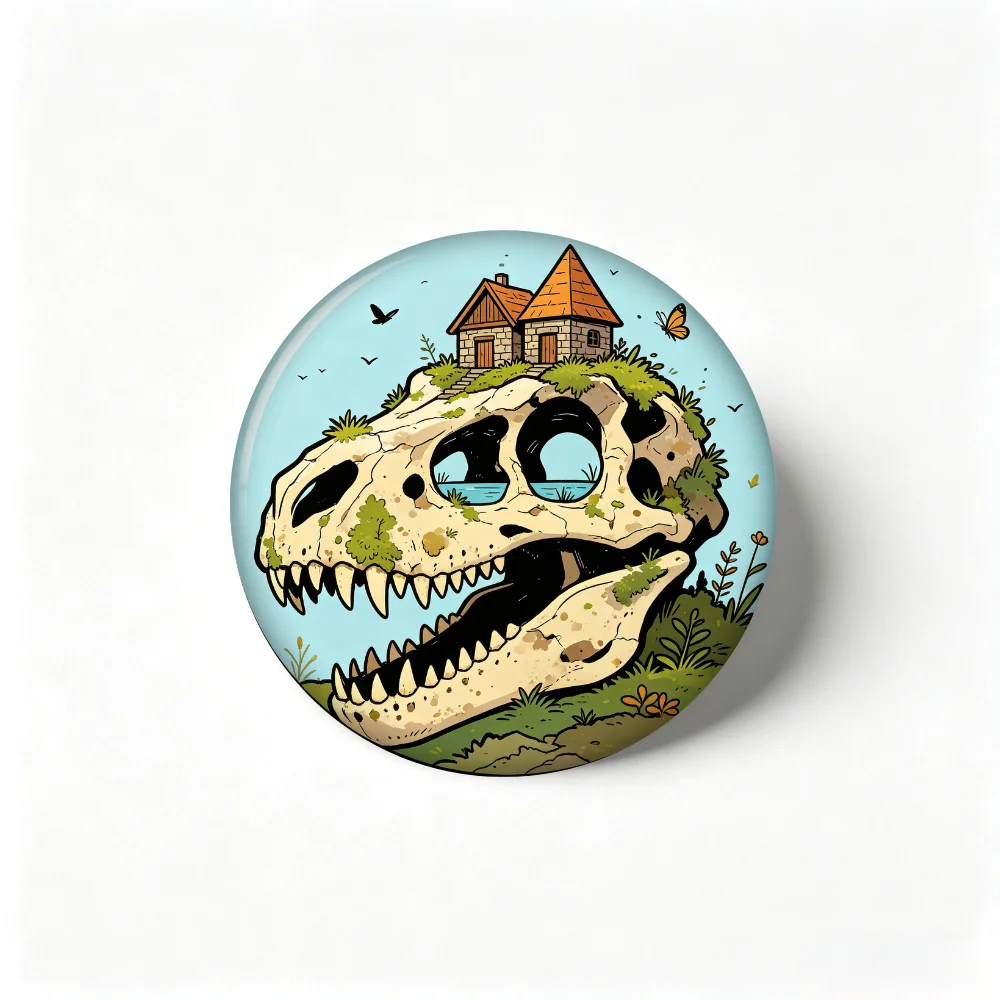 Cartoon Badge, Dinosaur Skull Cottage Art Pin, Round Tin Brooch for Backpack Clothes Decor
