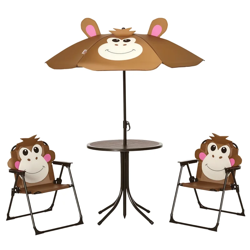 

Bistro Table and Chair Set, Outdoor Folding Garden Furniture w/Monkey Design, Removable, Adjustable Sun Umbrella - Brown