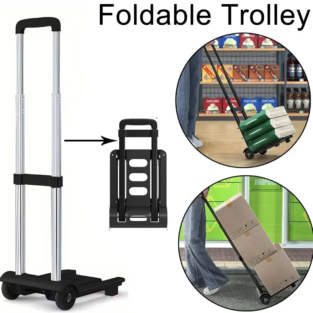 

4 Rounds Folding Hand Truck Black Small Lightweight Cart Portable Telescopic Dolly Backpack Luggage Travel Moving Shopping