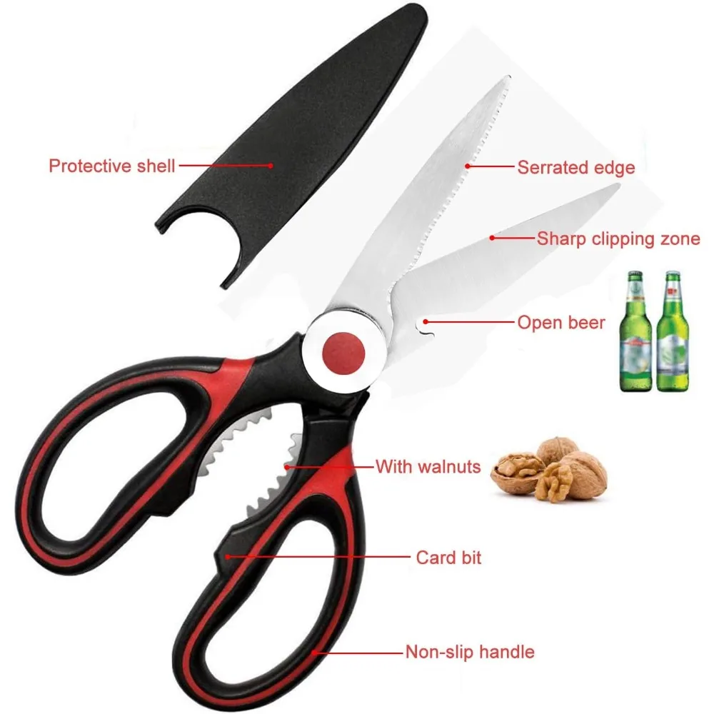 Multifunctional Kitchen Scissors Stainless Steel Poultry Shears Nut Cracker Bottle Opener with Safety Cover for Home Cooking