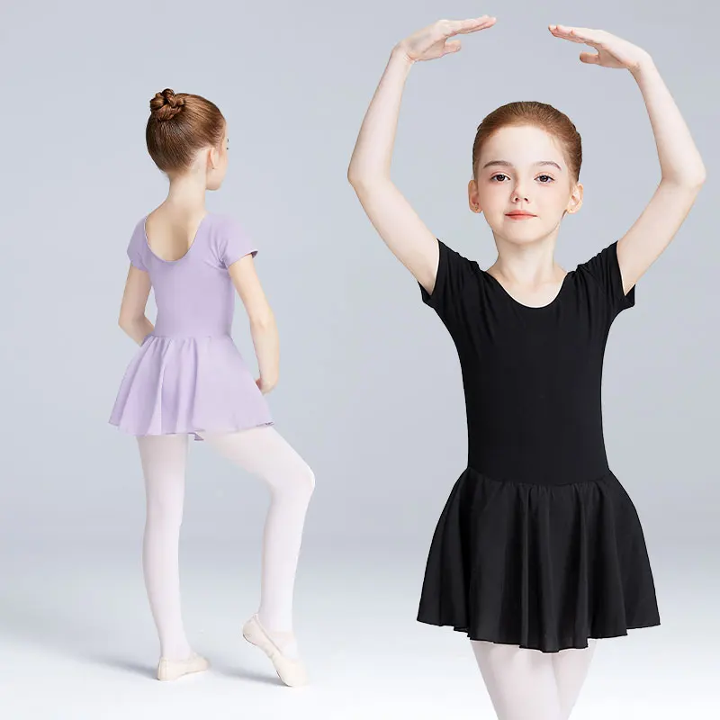 Girls Ballet Dress with Lining Toddlers Kids Leotard Dress Gymnastic Leotard With Skirt Short Sleeves Dance Dress Closed Crotch