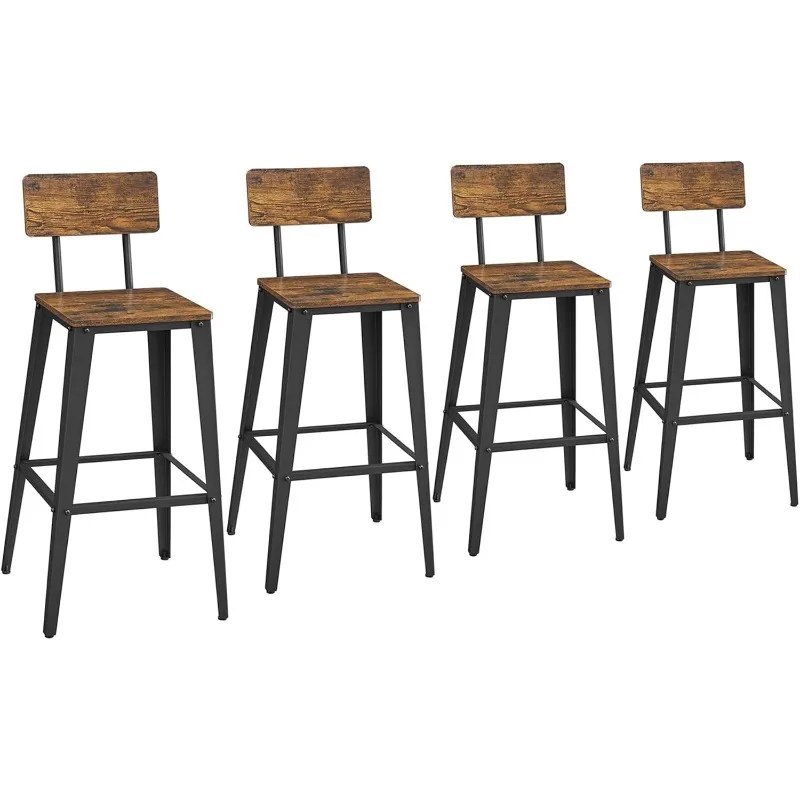 Set of 4 Bar Stools, Height Stools, Tall  Stools with Back,  Chairs, Steel Frame, Industrial Style, Easy Assembly,