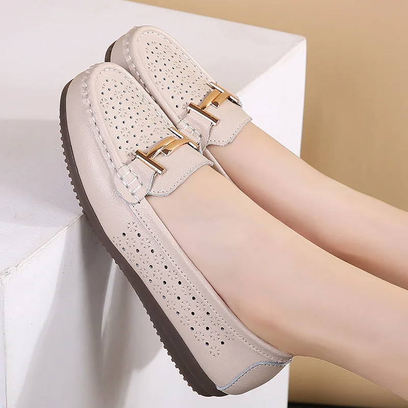 Summer Women Flats Shoes Cutouts Genuine Leather Loafers Shoes Woman Breathable Ballet Flats Oxford Women Casual Shoes