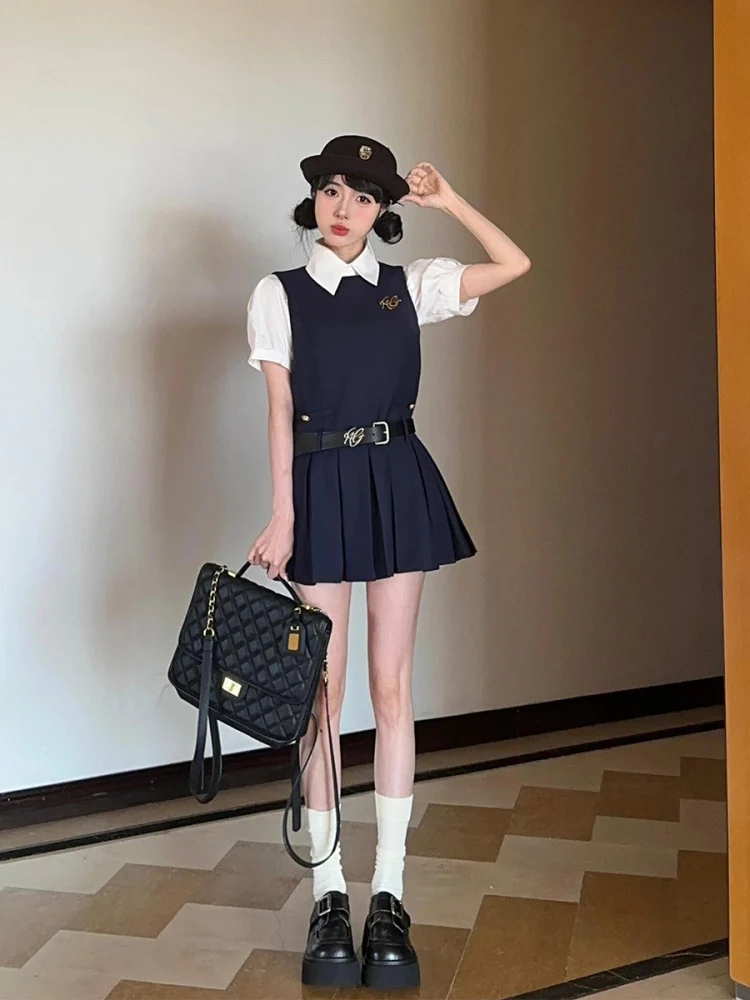 Корейский Sle School orm Dr Set JK orm Svel Антивозрастной плиссированный комбинезон Женский летний комплект из двух предметов