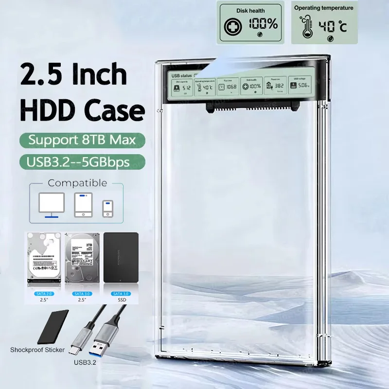 USB3.2 External HDD Case 5Gbps 2.5 Inch Transparent Hard Disk Case Hard Drive Enclosure SATA HDD SSD Storage Case for Laptop PC