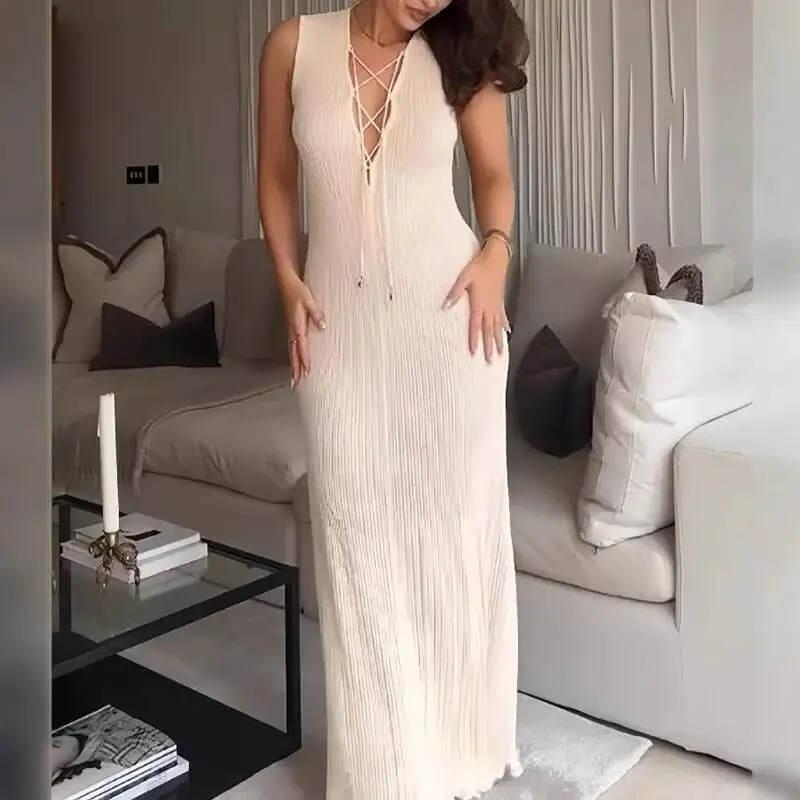 

Весна-лето, однотонное, тонкое, эластичное, длинное, женское, сексуальное, на шнуровке, с глубоким v-образным вырезом, вечернее, повседневное, без рукавов, майка, макси-платье