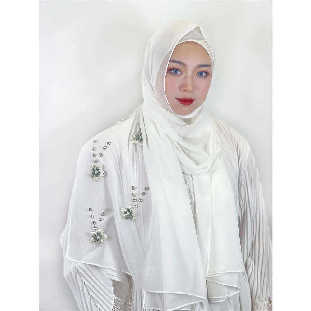 Sciarpa in Chiffon di perle a bolle da donna Hijab musulmano Turbante stole islamiche scialle di fiori avvolgere foulard sciarpe malesia Turbante Mujer