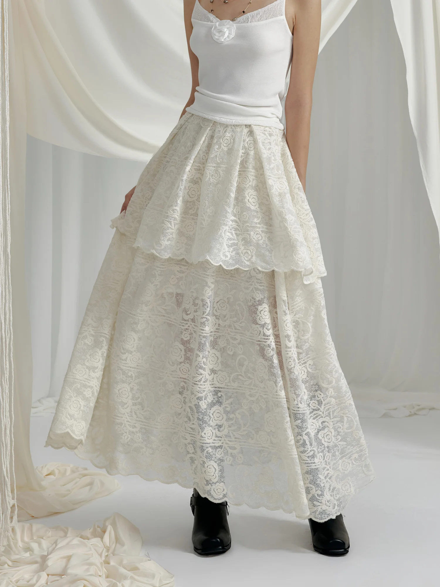 

Юбка миди женская повседневная из смесового хлопка, с белой кружевной вышивкой, на резинке, двухслойная, круглая юбка-карандаш