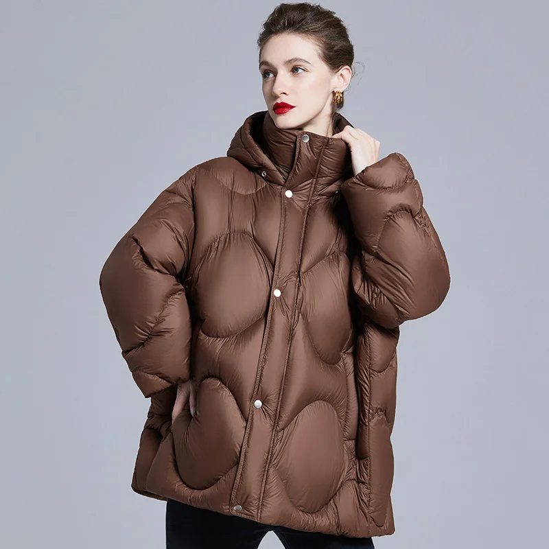 جديد مصمم 90 الأبيض بطة أسفل سترة للمرأة القهوة طويلة سميكة مقنعين فضفاضة معطف دافئ الإناث أبلى الخريف الشتاء 2025