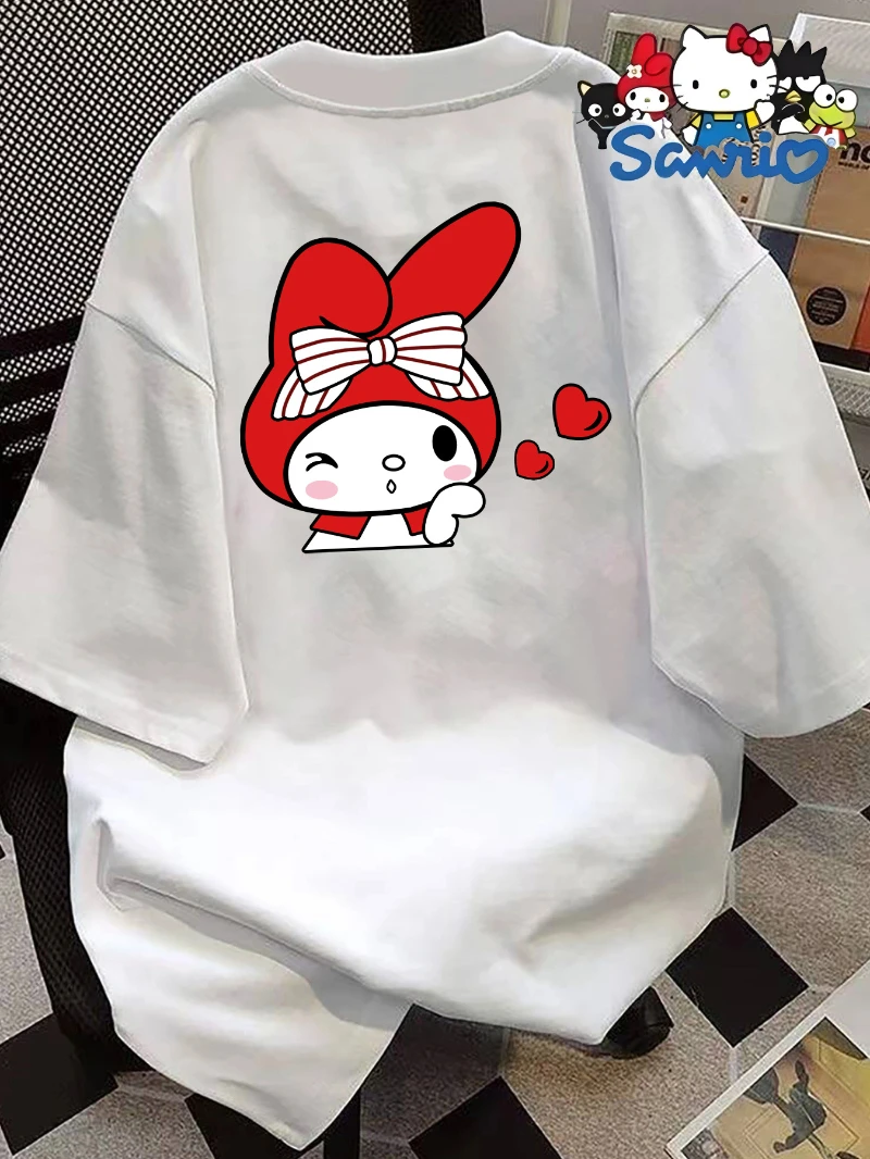 

Женская футболка с милым принтом Melody Rabbit в стиле аниме — летний повседневный топ с короткими рукавами и круглым вырезом, красным бантом и в форме сердца