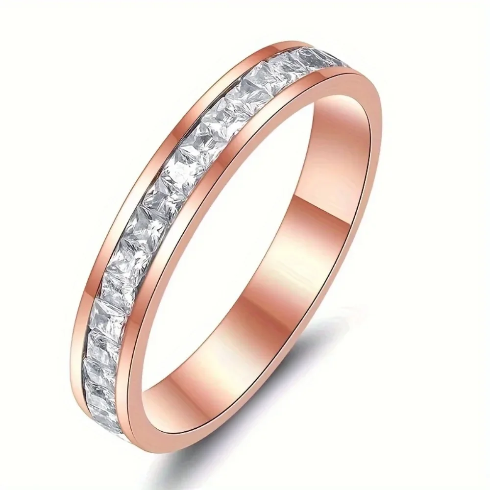 خاتم من الفولاذ المقاوم للصدأ للرجال والنساء، خواتم زفاف ذهبية وردية فضية، خاتم وعد مرصع مربع صغير