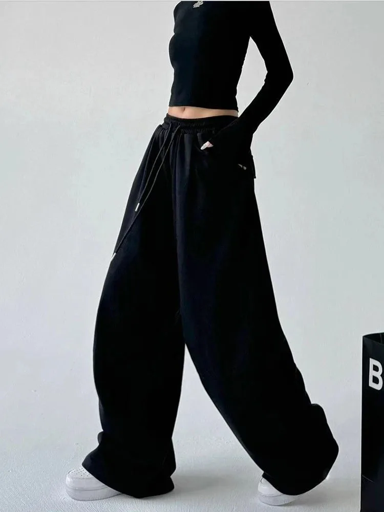 Y2K Harajuku Weite Jogginghose für Damen, Streetwear Baggy Oversize Graue Sporthose mit Hoher Taille und Kordelzug, Lässige Jogger-Hose – Detail 7
