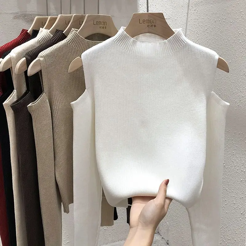 

Fashion Long Sleeve Knitted Sweater Women Pullovers Stand Collar Off-shoulder Knit Sweater Pullover Women Tops Knitwears Q781