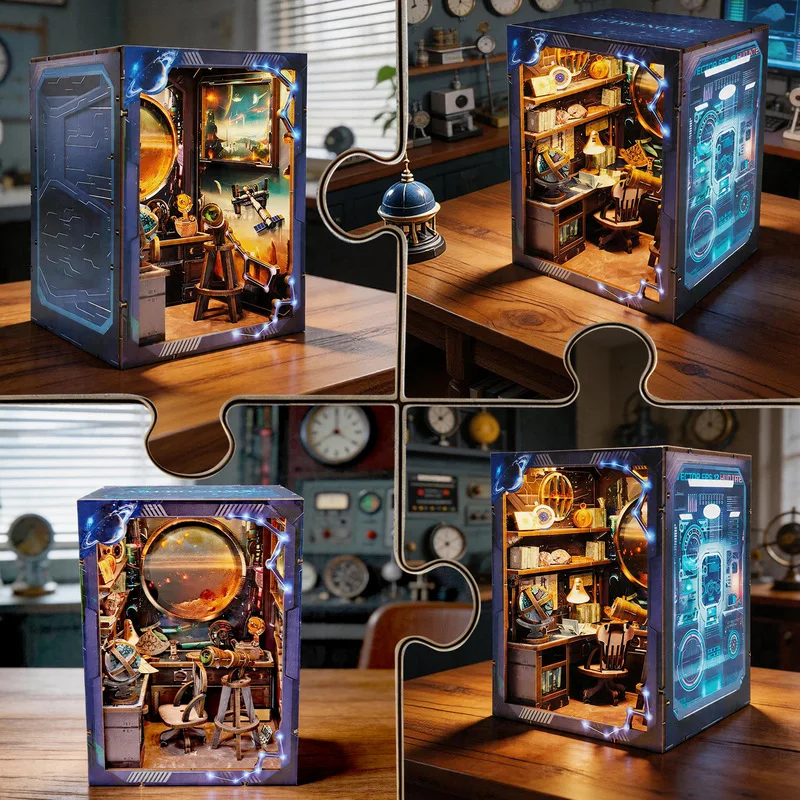 astronomy research institute diy book stand 3d three dimensional puzzle miniature scene model wooden with light educational home
