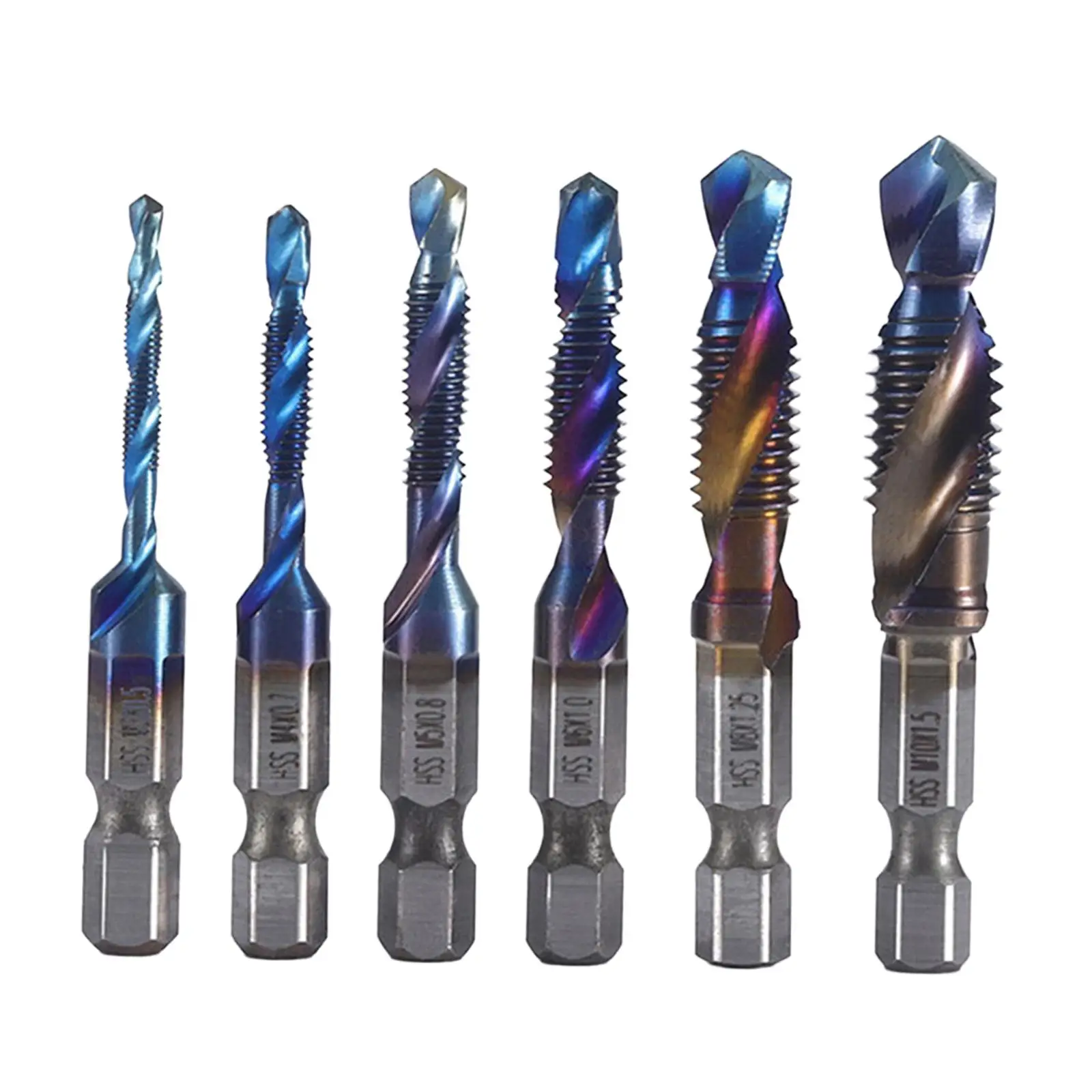 6Pcs Drill Tap Combination Bit Easy Use Blue Coated Hex Shank M3 M4 M5 M6 M8 M10 Spiral Screw Tap Set for Iron Tapping Aluminum