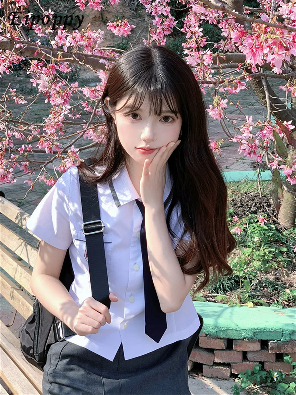 School Uniform White Waisted Short Shirt College Style Uniform Shirt Pleated Skirt Two-Piece Suit