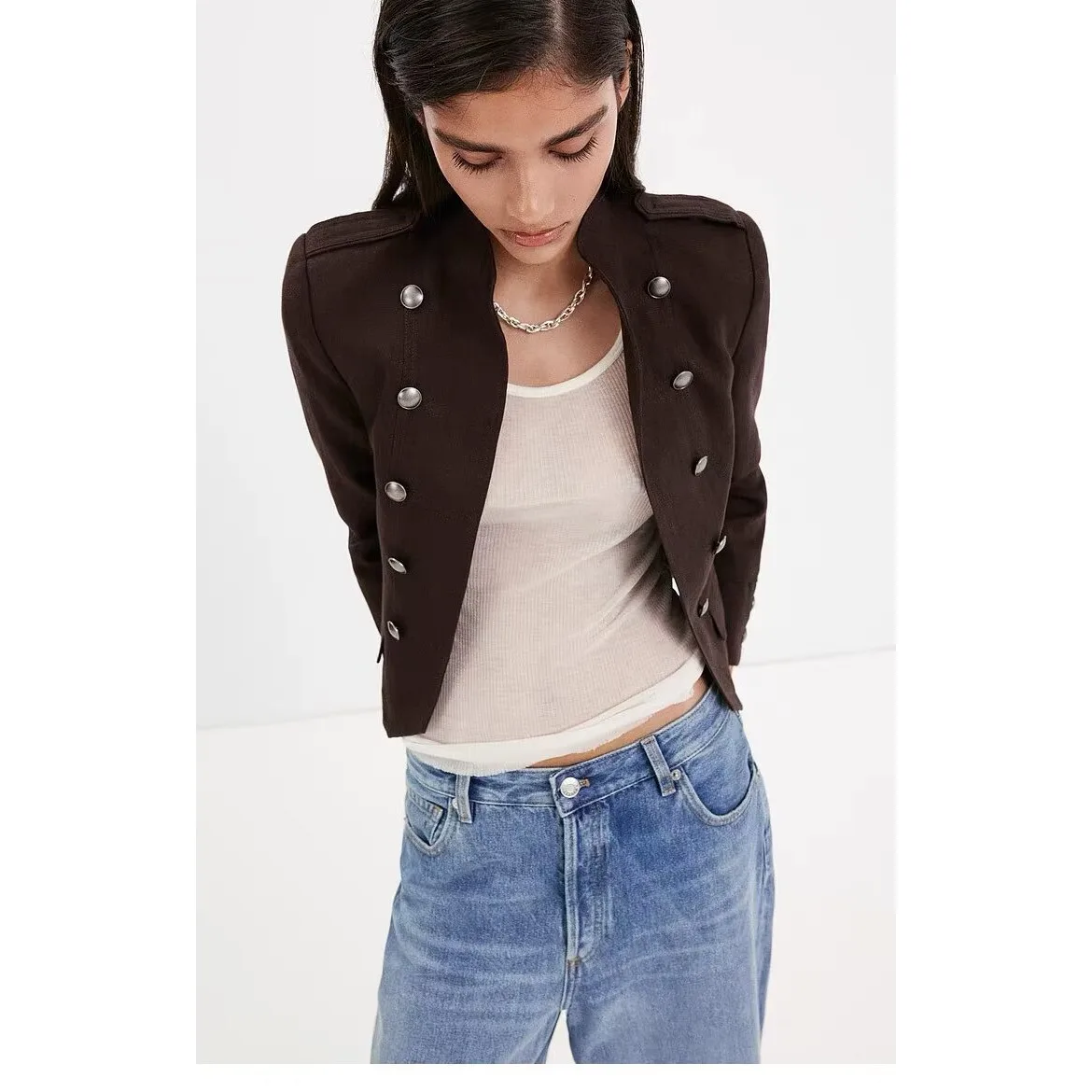 Fashionable Double-Row Button Napoleon Jacket Outerwear for Women New Arrival Polyester Fiber Long Sleeve Short Style