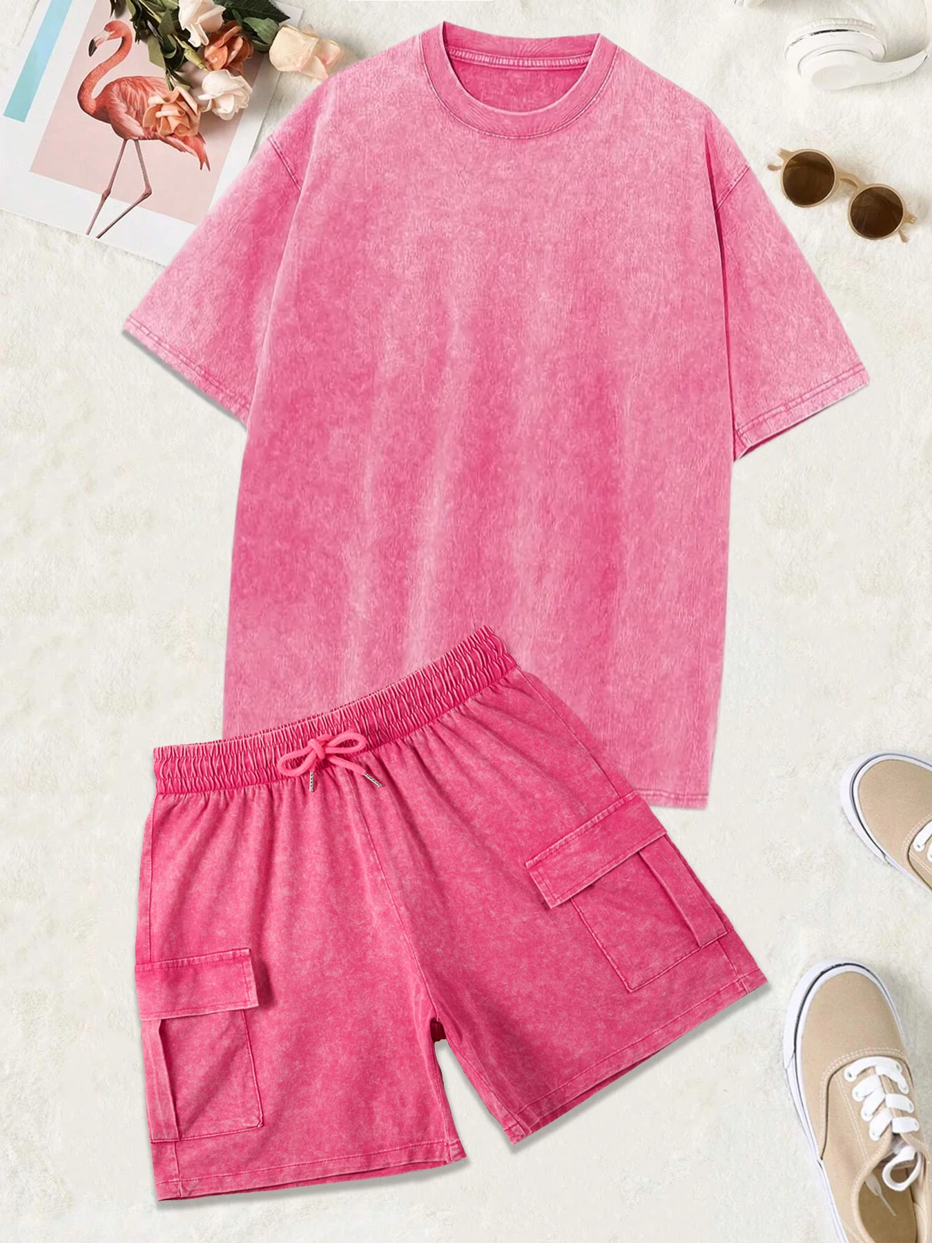 2025 ใหม่ล้างเสื้อยืดสีทึบชุดอินเทรนด์Streetแขนสั้นหลายสีกางเกงขาสั้นผ้าฝ้ายหลวมสบายกีฬากางเกงขาสั้น