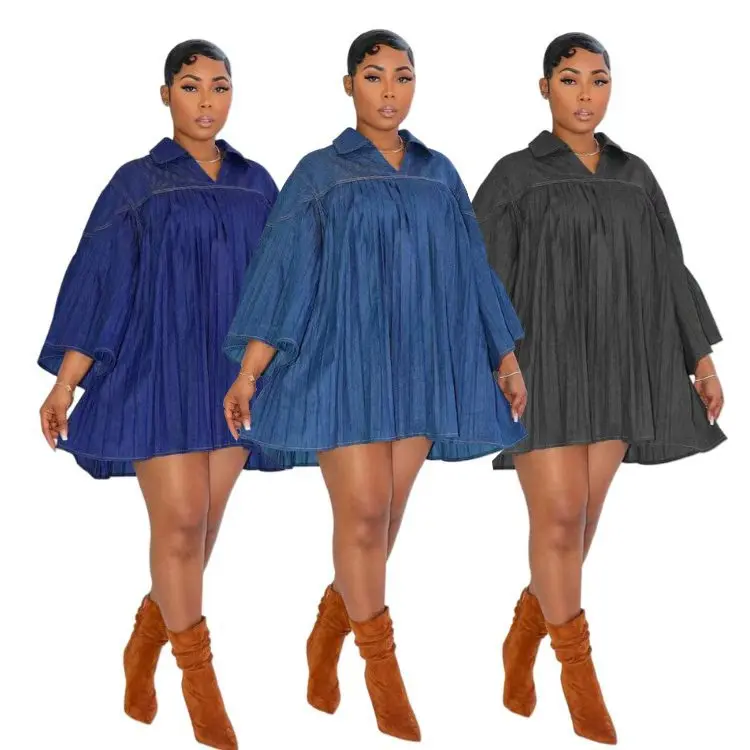 Denim Dress Women Pleated Dresses A Line Vestidos Long Sleeve Turn Down Collar Loose Splice Elegant Y2k Streetwear Work Autumn