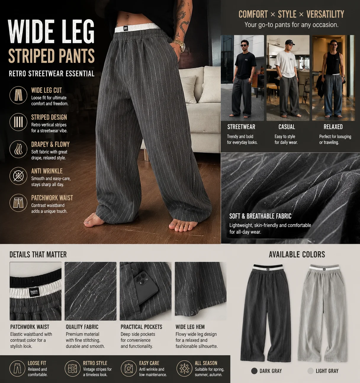 Men Wide Leg Pants Striped Loose Fit Casual Trousers Retro Streetwear Drapey Long Pants Waist Patchwork Anti Wrinkle
