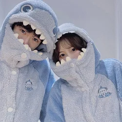 Couple's Winter Warm Thin Pajama Suit Length To The Ankle Polyester Animal Cartoon Breasted Type Leisure Wear With A Hat