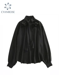 2022 Fall Lace Up Bow Shirt Vintage Long Sleeve Solid Chiffon Casual Blouse Korean Fashion Elegant Office Lady Blusas Woman Tops