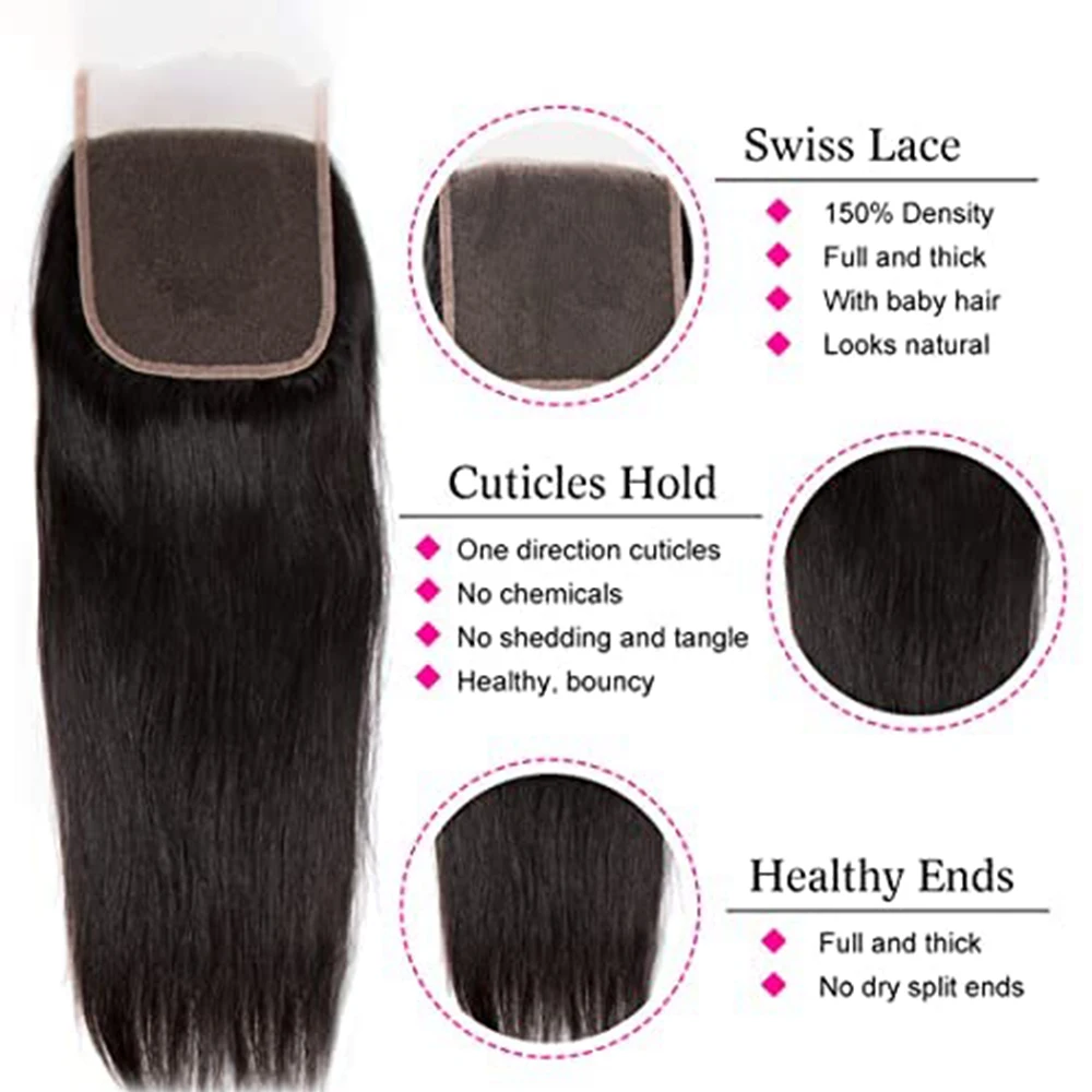 12A Straight Bundles Human Hair with Closure Brazilian Human Hair Bundles with Closure 100% Unprocessed Virgin Remy Straight Hai