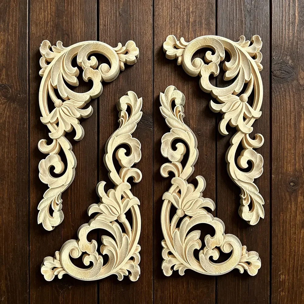 4PCS 22cm 25cm Vintage Unpainted Wood Carved Decal Corner Onlay Applique Frame Home Decoration Furniture Wall Decor Crafts