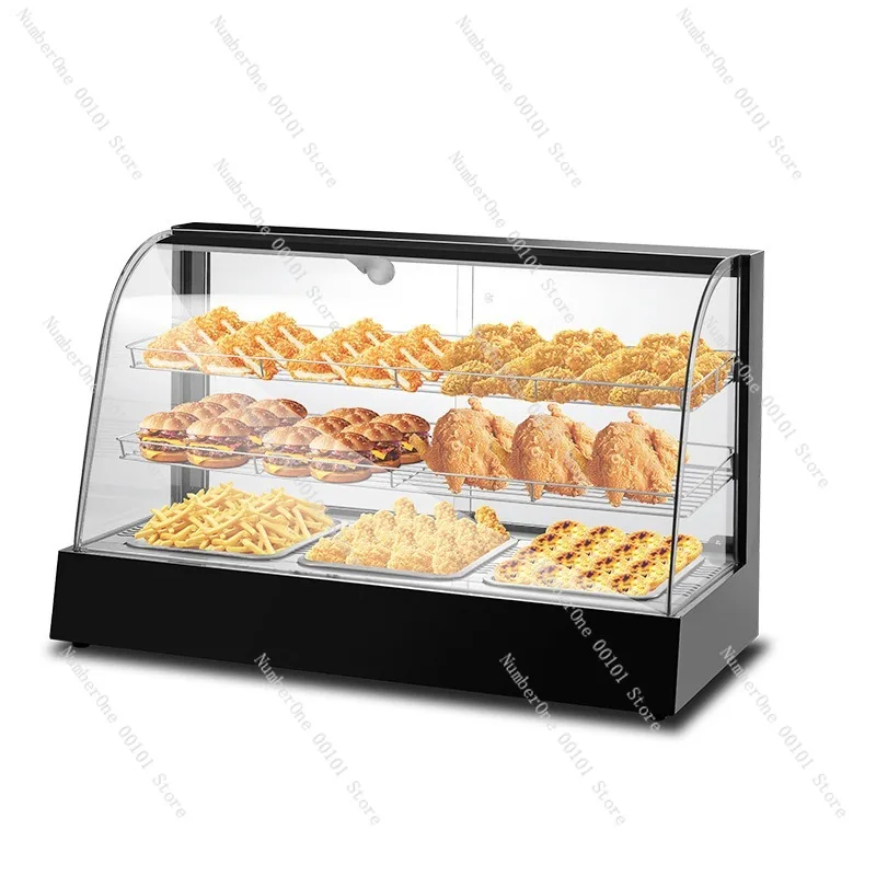 Kommerzielle Vitrine für gekochte Speisen, Hamburger, Eierkuchen, gebratenes Hähnchen, Pommes Frites und mehr, isolierte Lebensmitteldisplay