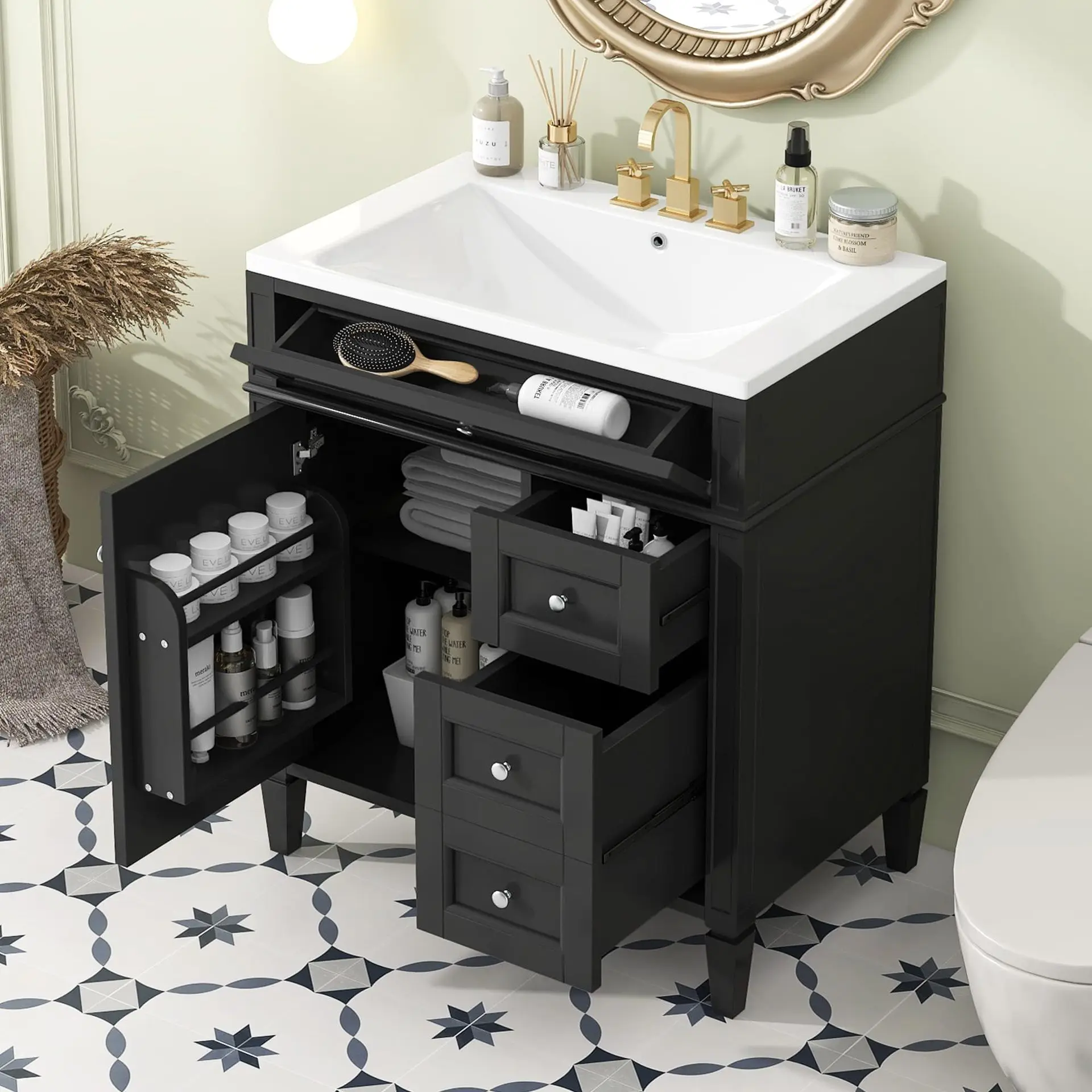 Bathroom Sink Cabinet 1 Door 4 Pumped Black Modern Design Simple Silver Handle Adjustable Foot Single Sink Below