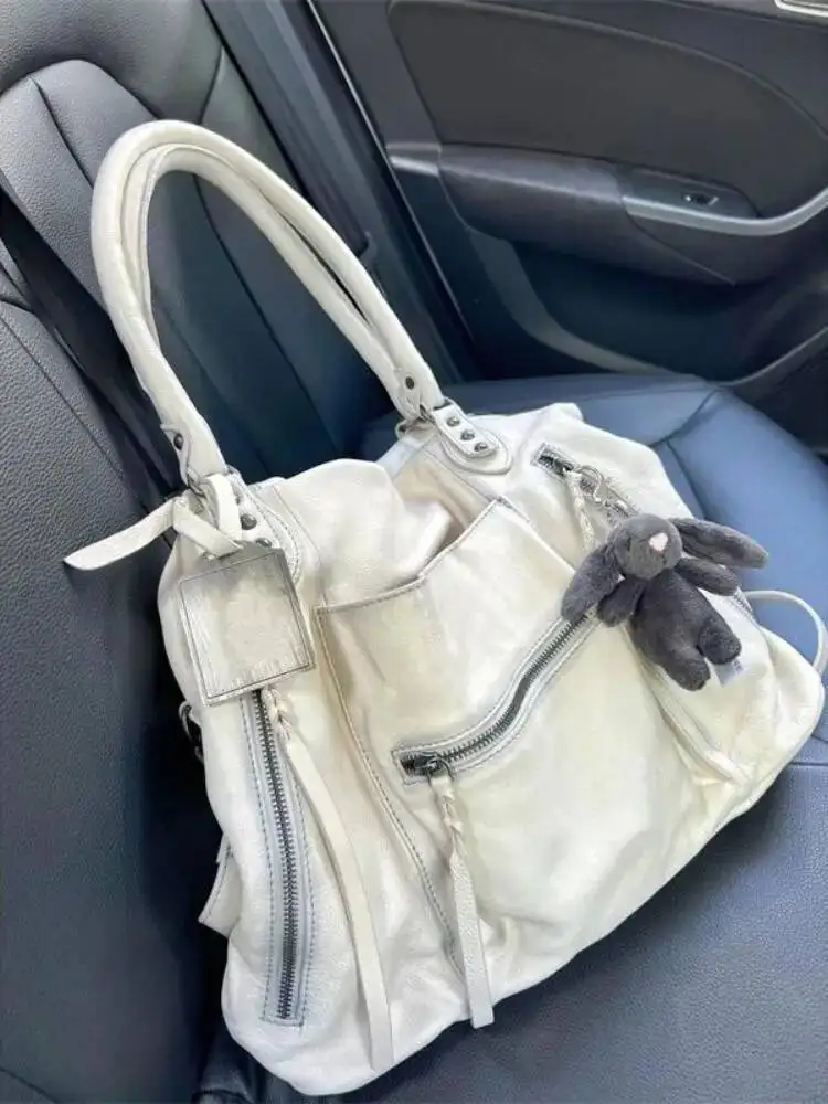 Bloom Hot Girls White Tote Women Vintage Leather Soft Large Capacity Handbag Messenger Bag Female Y2k Grunge Shoulder Bags