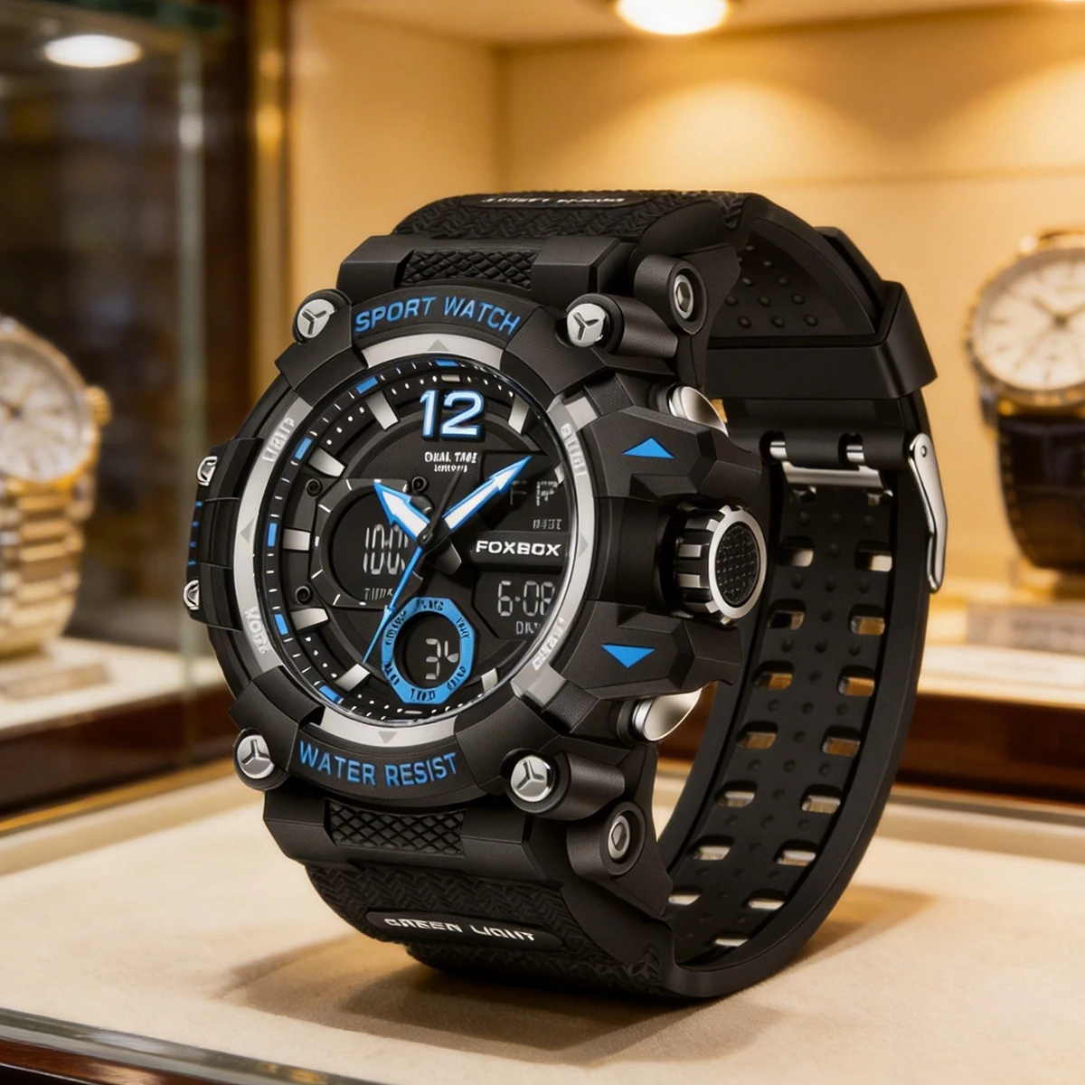 

Foxbox Fashion Sport Men Watch Shock Resistant 50M Waterproof Wristwatch LED Alarm Multi-function Watch Clock Military Men Watch