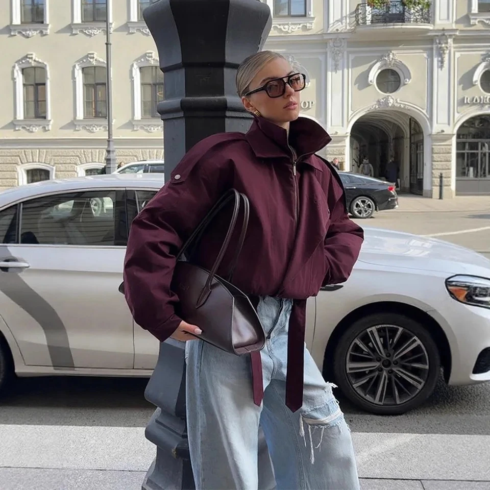 

2025 New Women Burgundy Stand Collar Short Loose Casual Versatile Outerwear Street Style Multi Color Options