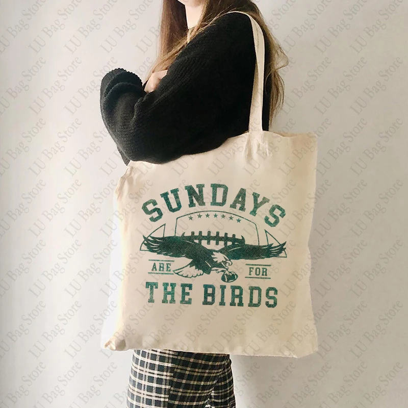 Sundays Are for The Birds Pattern Tote Bag Canvas Shoulder Bags for Women's Reusable Shopping Bag Best Gift for Rugby Lover