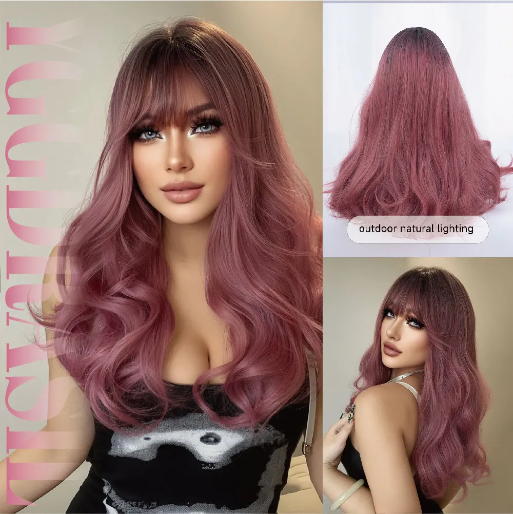 22Inch Black-Pinky-Purple Ombre Synthetic Wigs With Bangs Medium Wavy Hair Wig For Women Daily Use Cosplay Party Heat Resistant